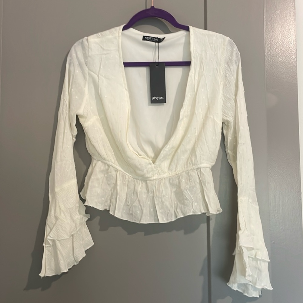 Plunge White long sleeve top